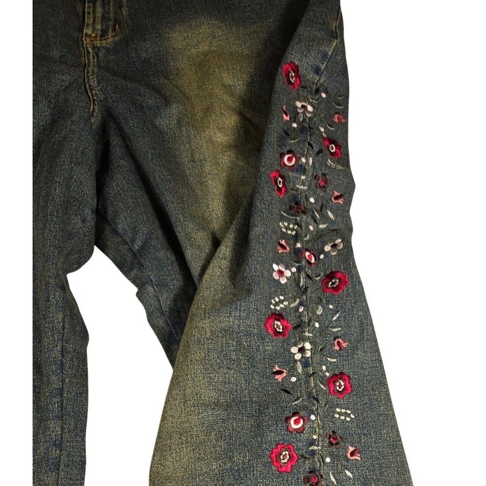 Vintage Floral Embroidered Wide Leg Jeans Sandblasted Dark Wash Denim 20W - Picture 3 of 11
